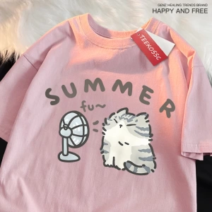 Y2k Vintage Tişört Tee Eğlenceli saç kurutma makinesi Fan kedi japon tarzı