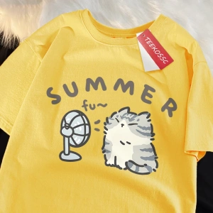 Y2k Vintage Tişört Tee Eğlenceli saç kurutma makinesi Fan kedi japon tarzı