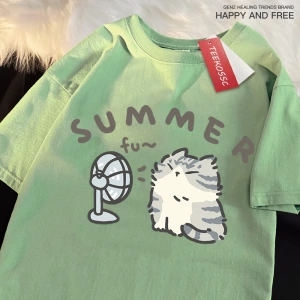 Y2k Vintage Tişört Tee Eğlenceli saç kurutma makinesi Fan kedi japon tarzı