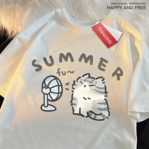 Y2k Vintage Tişört Tee Eğlenceli saç kurutma makinesi Fan kedi japon tarzı