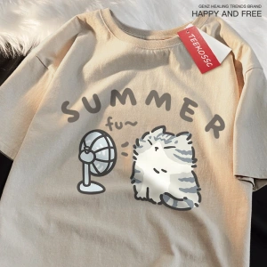 Y2k Vintage Tişört Tee Eğlenceli saç kurutma makinesi Fan kedi japon tarzı