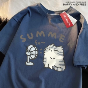 Y2k Vintage Tişört Tee Eğlenceli saç kurutma makinesi Fan kedi japon tarzı
