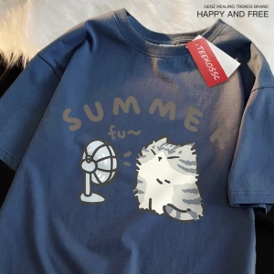 Y2k Vintage Tişört Tee Eğlenceli saç kurutma makinesi Fan kedi japon tarzı