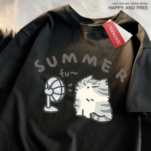 Y2k Vintage Tişört Tee Eğlenceli saç kurutma makinesi Fan kedi japon tarzı