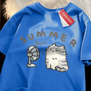Y2k Vintage Tişört Tee Eğlenceli saç kurutma makinesi Fan kedi japon tarzı