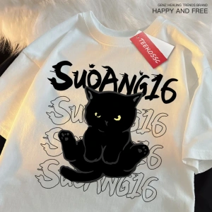 Y2k Vintage Tişört Tee Eğlenceli siyah kedi baskı japon tarzı