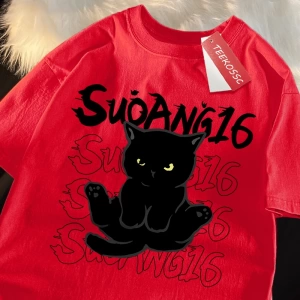 Y2k Vintage Tişört Tee Eğlenceli siyah kedi baskı japon tarzı