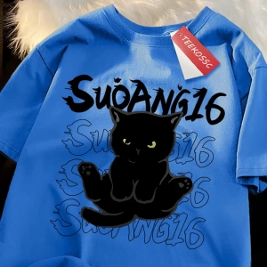 Y2k Vintage Tişört Tee Eğlenceli siyah kedi baskı japon tarzı