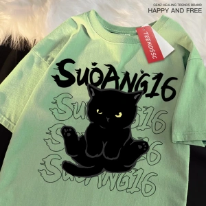 Y2k Vintage Tişört Tee Eğlenceli siyah kedi baskı japon tarzı