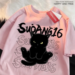 Y2k Vintage Tişört Tee Eğlenceli siyah kedi baskı japon tarzı