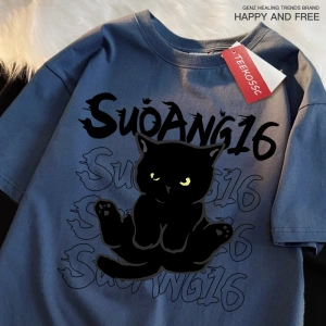 Y2k Vintage Tişört Tee Eğlenceli siyah kedi baskı japon tarzı
