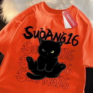 Y2k Vintage Tişört Tee Eğlenceli siyah kedi baskı japon tarzı