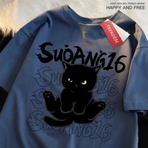 Y2k Vintage Tişört Tee Eğlenceli siyah kedi baskı japon tarzı