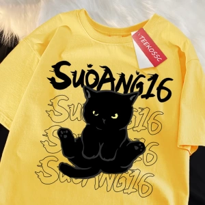 Y2k Vintage Tişört Tee Eğlenceli siyah kedi baskı japon tarzı