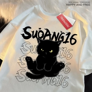 Y2k Vintage Tişört Tee Eğlenceli siyah kedi baskı japon tarzı
