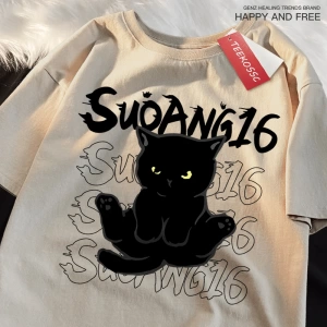 Y2k Vintage Tişört Tee Eğlenceli siyah kedi baskı japon tarzı