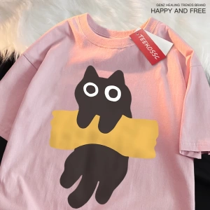 Y2k Vintage Tişört Tee Eğlenceli Yapışkan Bant Kedi Baskı Japon Tarzı
