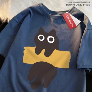 Y2k Vintage Tişört Tee Eğlenceli Yapışkan Bant Kedi Baskı Japon Tarzı