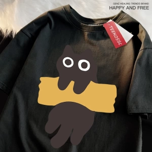 Y2k Vintage Tişört Tee Eğlenceli Yapışkan Bant Kedi Baskı Japon Tarzı