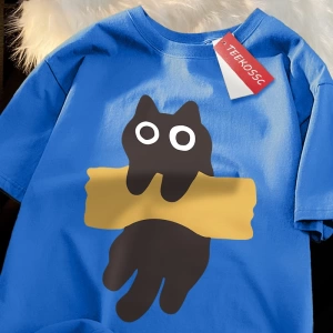 Y2k Vintage Tişört Tee Eğlenceli Yapışkan Bant Kedi Baskı Japon Tarzı