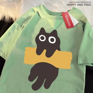 Y2k Vintage Tişört Tee Eğlenceli Yapışkan Bant Kedi Baskı Japon Tarzı