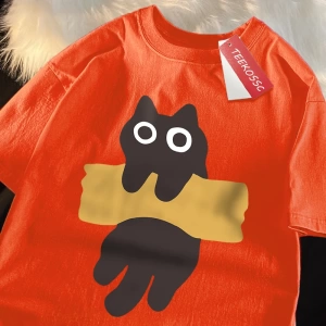 Y2k Vintage Tişört Tee Eğlenceli Yapışkan Bant Kedi Baskı Japon Tarzı