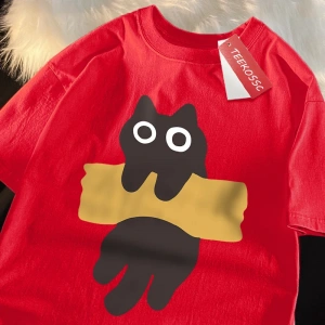 Y2k Vintage Tişört Tee Eğlenceli Yapışkan Bant Kedi Baskı Japon Tarzı