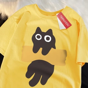 Y2k Vintage Tişört Tee Eğlenceli Yapışkan Bant Kedi Baskı Japon Tarzı