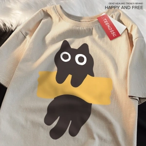 Y2k Vintage Tişört Tee Eğlenceli Yapışkan Bant Kedi Baskı Japon Tarzı