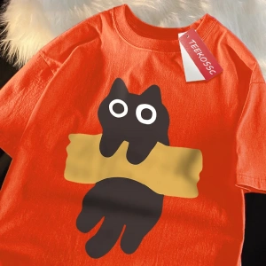 Y2k Vintage Tişört Tee Eğlenceli Yapışkan Bant Kedi Baskı Japon Tarzı
