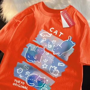 Y2k Vintage Tişört Tee Eğlenceli Yaramaz Kedi Baskı Japon Tarzı