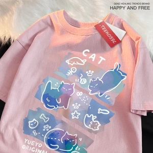 Y2k Vintage Tişört Tee Eğlenceli Yaramaz Kedi Baskı Japon Tarzı