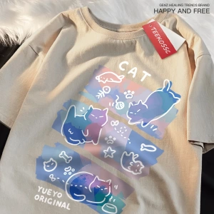 Y2k Vintage Tişört Tee Eğlenceli Yaramaz Kedi Baskı Japon Tarzı