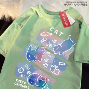 Y2k Vintage Tişört Tee Eğlenceli Yaramaz Kedi Baskı Japon Tarzı