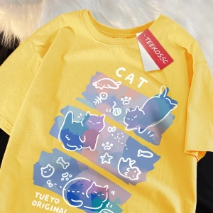 Y2k Vintage Tişört Tee Eğlenceli Yaramaz Kedi Baskı Japon Tarzı