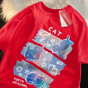 Y2k Vintage Tişört Tee Eğlenceli Yaramaz Kedi Baskı Japon Tarzı