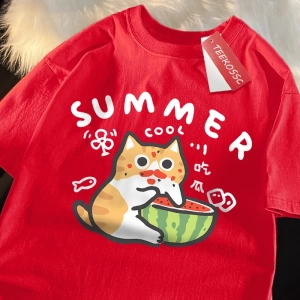Y2k Vintage Tişört Tee Eğlenceli yeme karpuz kedi baskı