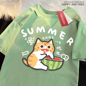Y2k Vintage Tişört Tee Eğlenceli yeme karpuz kedi baskı