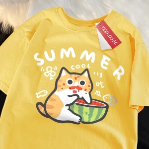 Y2k Vintage Tişört Tee Eğlenceli yeme karpuz kedi baskı