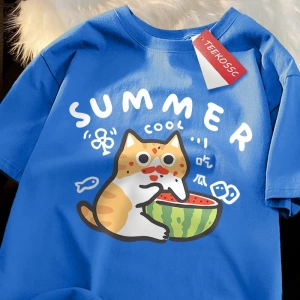 Y2k Vintage Tişört Tee Eğlenceli yeme karpuz kedi baskı