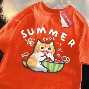 Y2k Vintage Tişört Tee Eğlenceli yeme karpuz kedi baskı