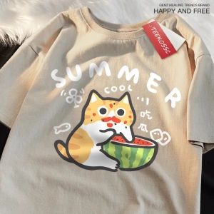 Y2k Vintage Tişört Tee Eğlenceli yeme karpuz kedi baskı