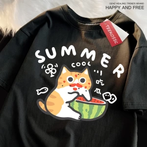 Y2k Vintage Tişört Tee Eğlenceli yeme karpuz kedi baskı
