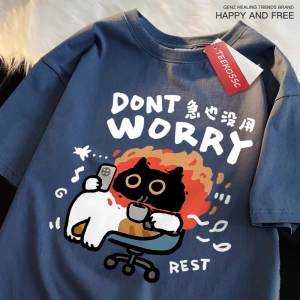 Y2k Vintage Tişört Tee Endişelenmeyin eğlenceli kedi baskı japon tarz
