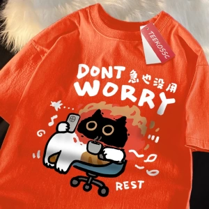 Y2k Vintage Tişört Tee Endişelenmeyin eğlenceli kedi baskı japon tarz