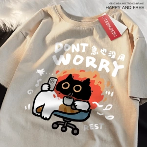 Y2k Vintage Tişört Tee Endişelenmeyin eğlenceli kedi baskı japon tarz