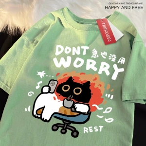 Y2k Vintage Tişört Tee Endişelenmeyin eğlenceli kedi baskı japon tarz
