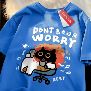 Y2k Vintage Tişört Tee Endişelenmeyin eğlenceli kedi baskı japon tarz