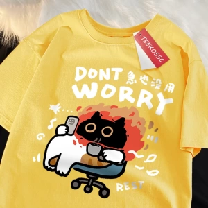 Y2k Vintage Tişört Tee Endişelenmeyin eğlenceli kedi baskı japon tarz