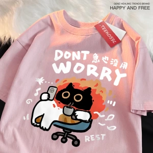 Y2k Vintage Tişört Tee Endişelenmeyin eğlenceli kedi baskı japon tarz